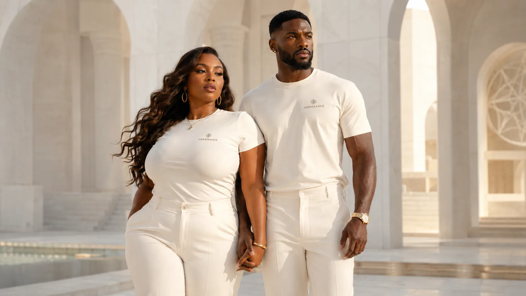 Two people walking side by side in bone, colonnade behind them.