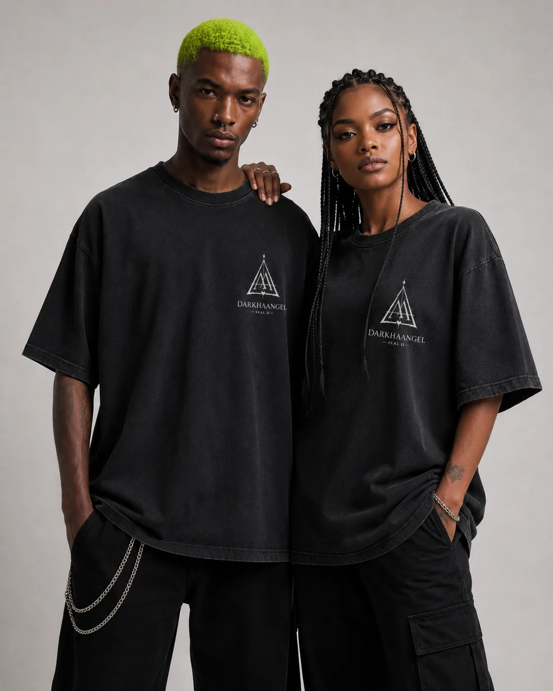 Two people side by side, front and back shown together.